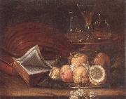 unknow artist Still life of a lute,books,apples and lemons,together with a gilt tazza with a wine glass and decanters,all upon a stone ledge oil painting